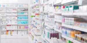 Pharmacy interior with advanced wound care products and a blurred background