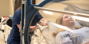 Patient in a hyperbaric oxygen chamber